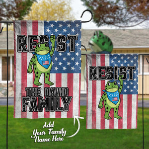 Personalized garden flag featuring a frog design and customizable text for the David family