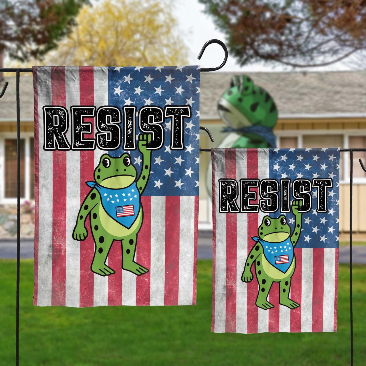 Personalized garden flag featuring a cartoon frog and American flag with bold RESIST text