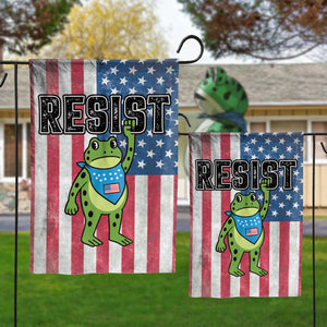 Personalized garden flag featuring a cartoon frog and American flag with bold RESIST text