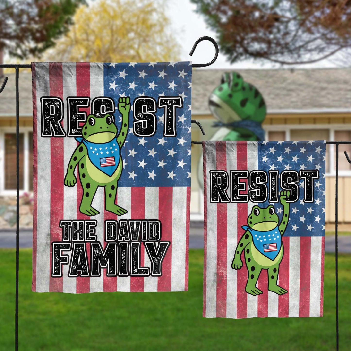 Personalized garden flag featuring a cartoon frog and the text Resist for the David Family