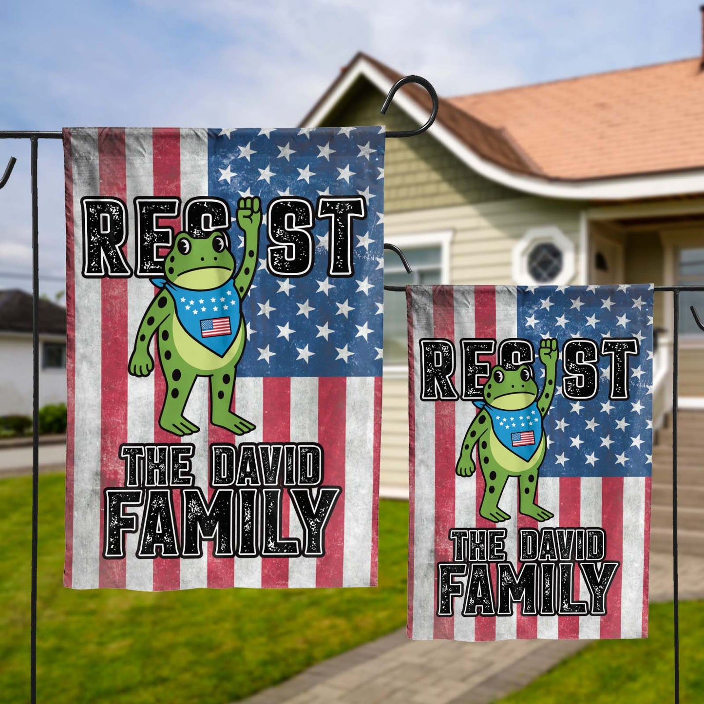 Personalized garden flag featuring a cartoon frog design on an American flag background for family celebrations