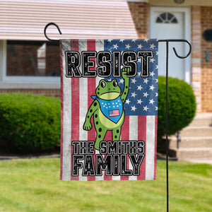 Personalized garden flag featuring a frog design with an American flag background for the Smiths family