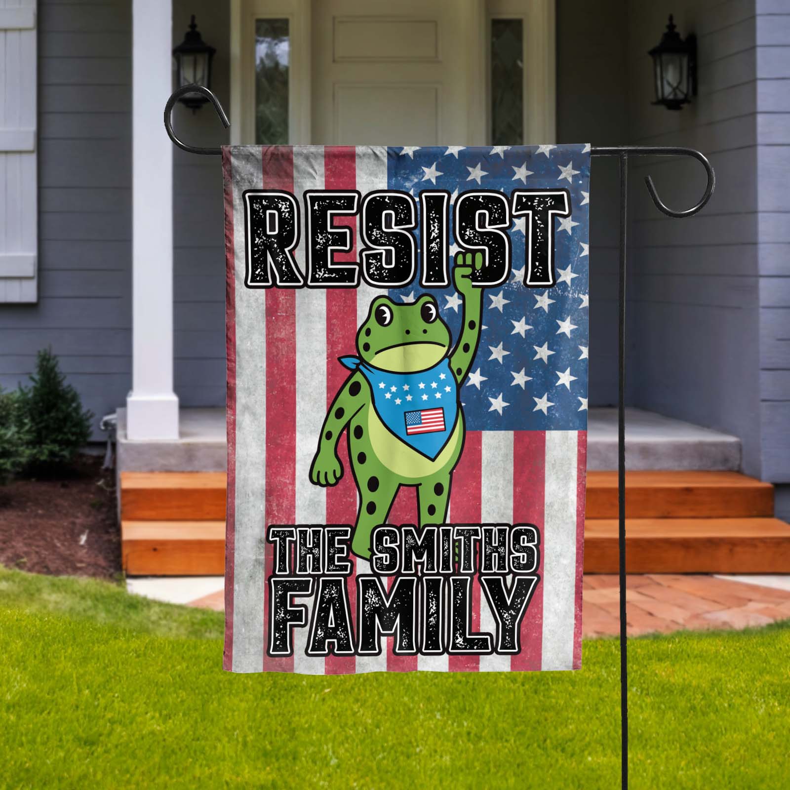 Personalized garden flag featuring a frog design with the text Resist and The Smiths Family