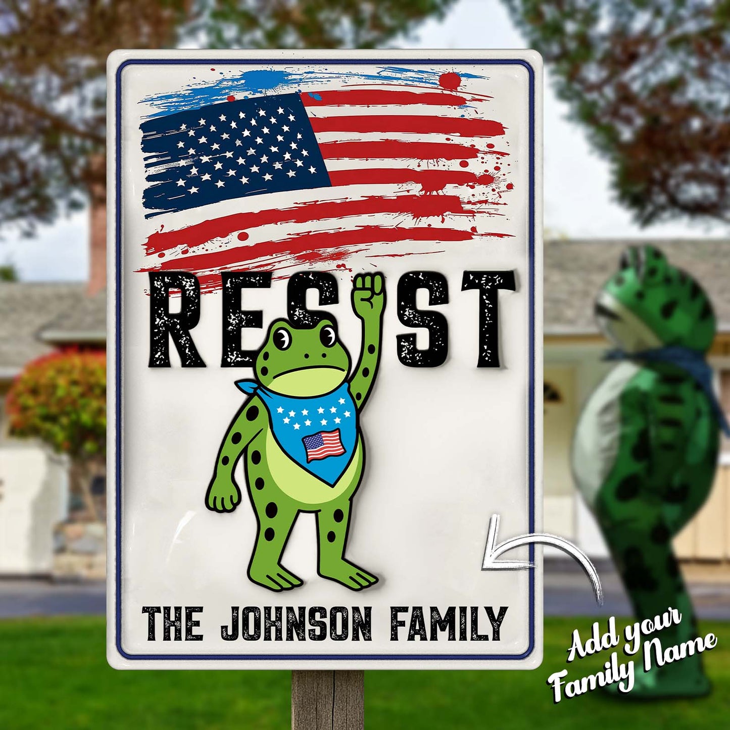 Personalized garden metal sign featuring a patriotic frog design for the Johnson family