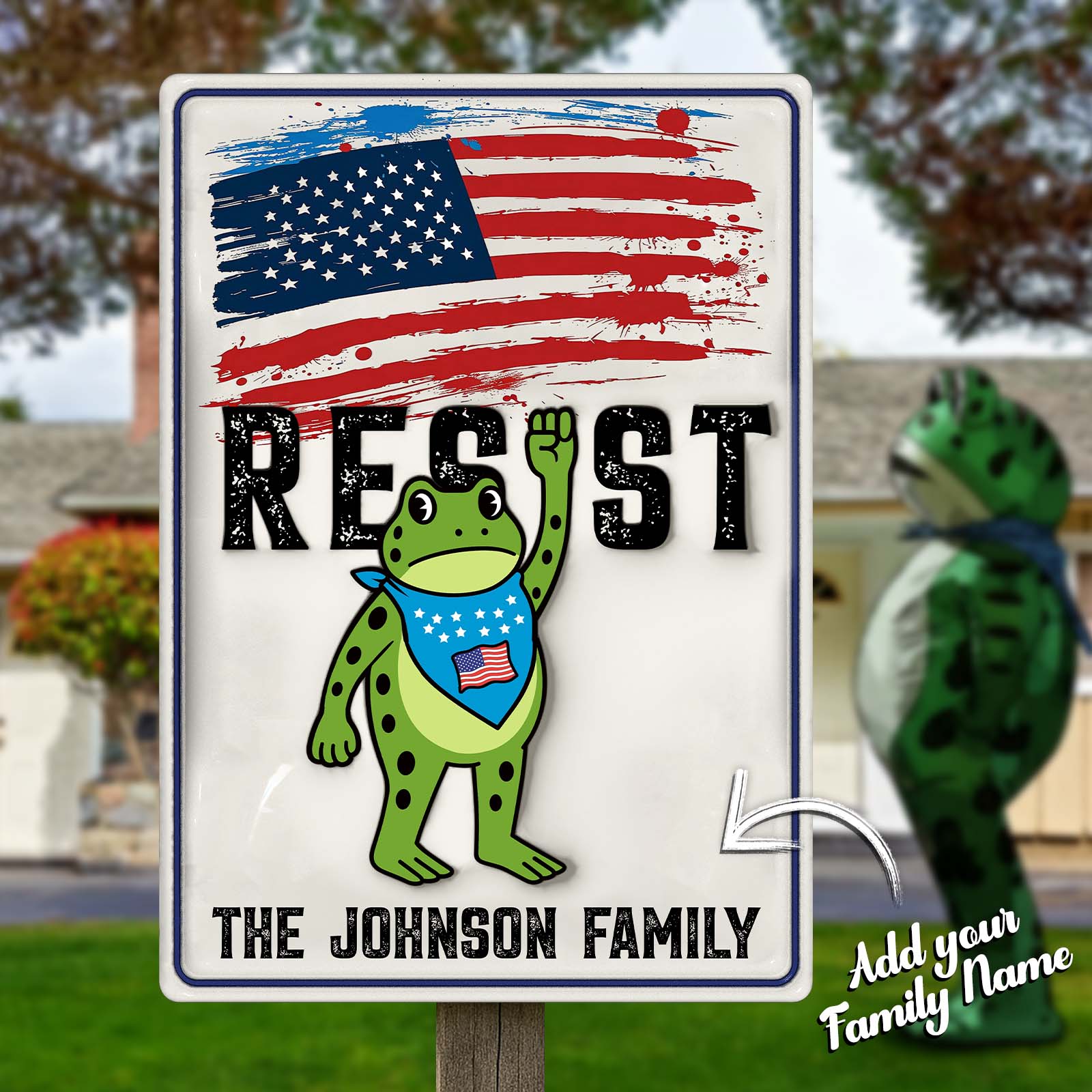 Personalized garden metal sign featuring a patriotic frog design for the Johnson family