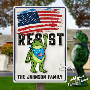 Personalized garden metal sign featuring a patriotic frog design for the Johnson family