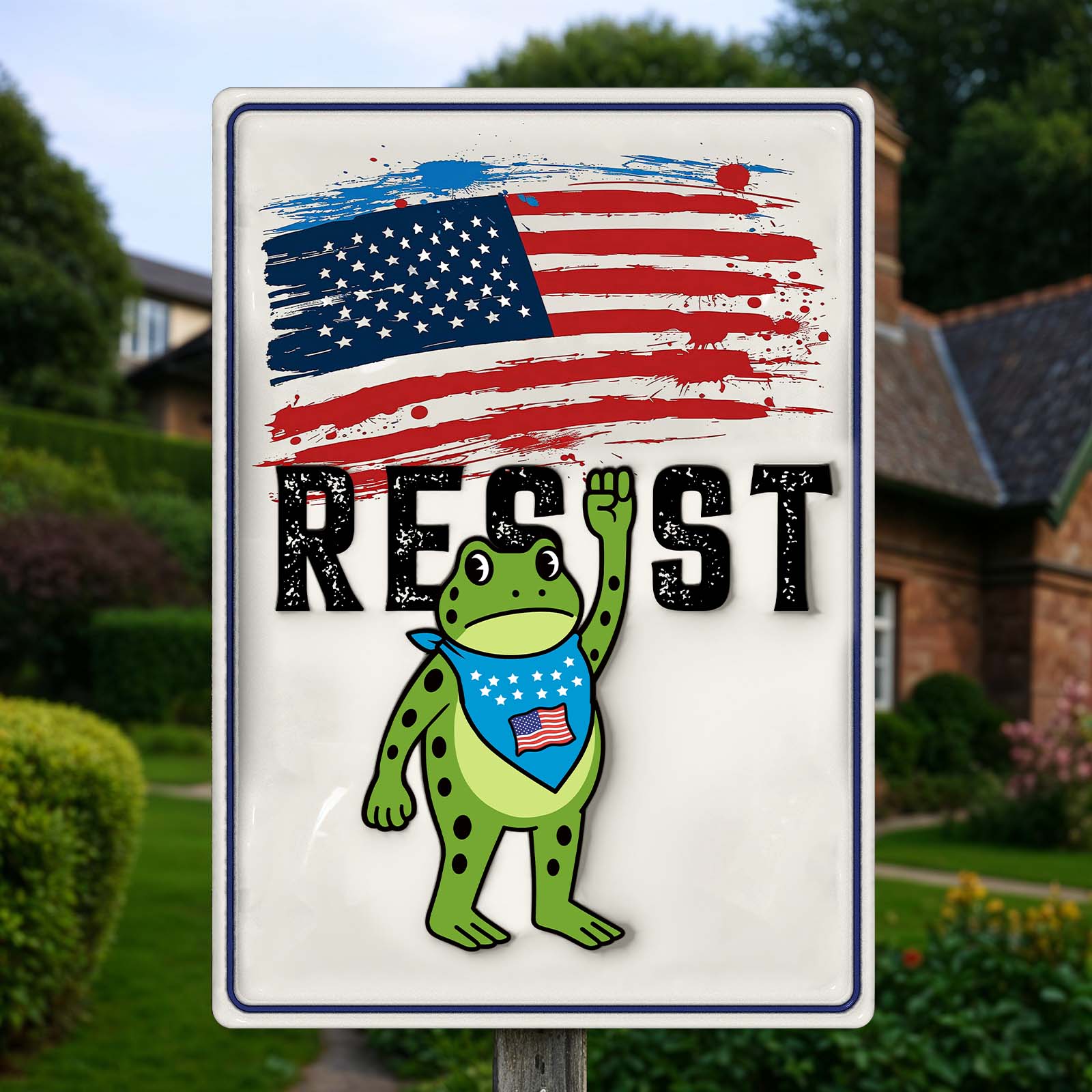 Personalized garden metal sign featuring a frog with an American flag design and the word RESIST