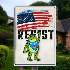 Personalized garden metal sign featuring a frog with an American flag design and the word RESIST