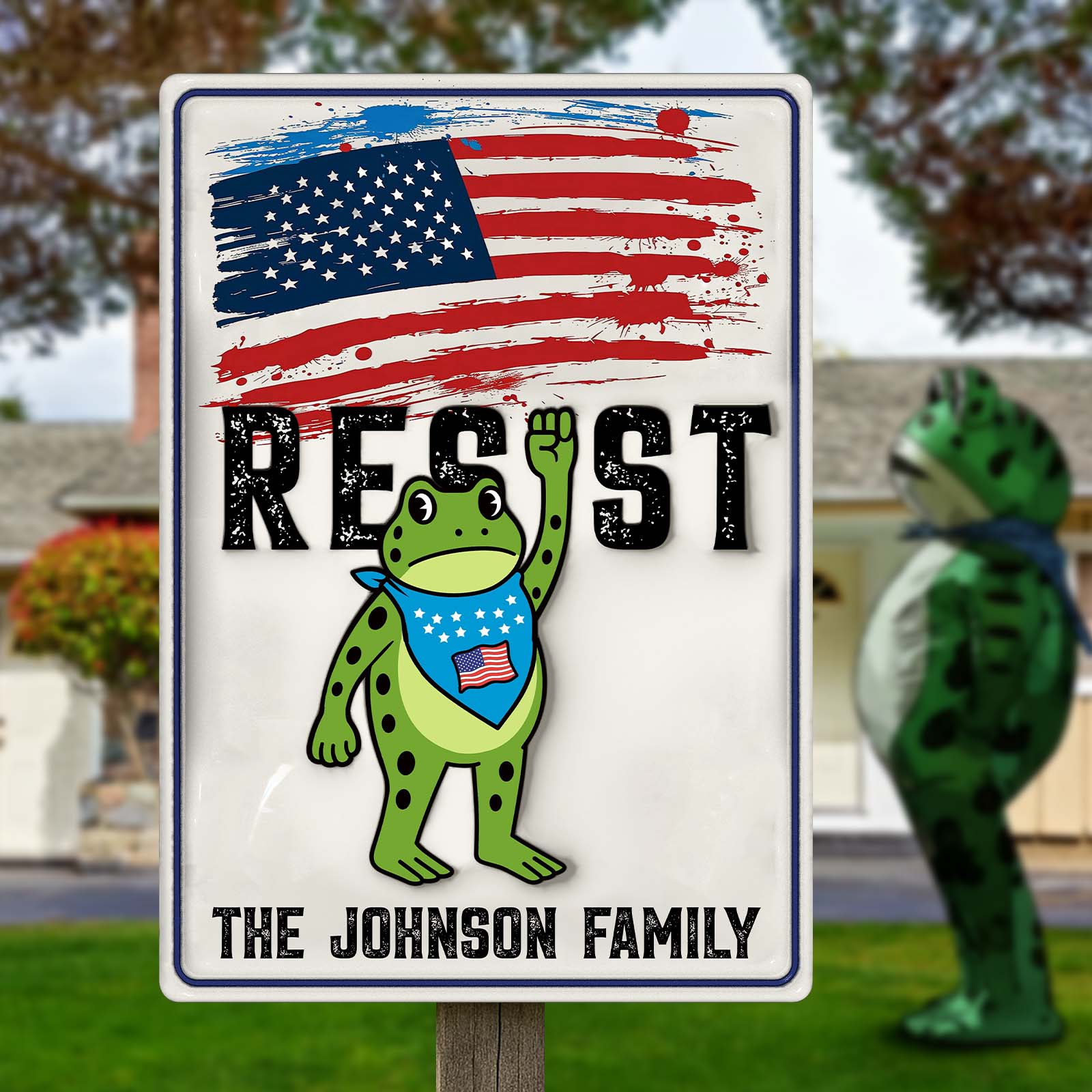 Personalized garden metal sign featuring a frog and American flag for the Johnson family