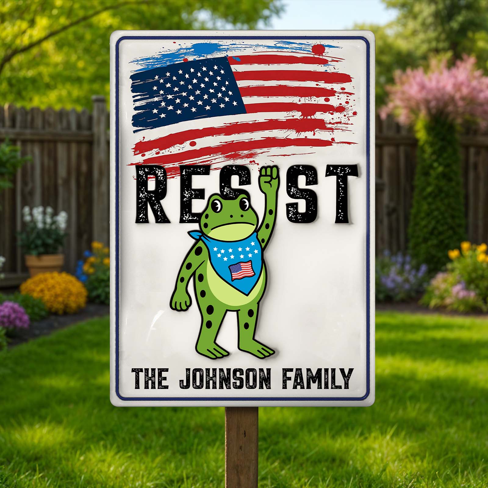 Personalized garden metal sign featuring a patriotic frog design with red, white, and blue elements for family pride