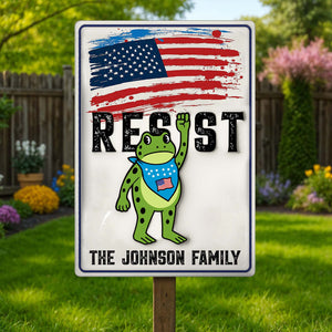 Personalized garden metal sign featuring a patriotic frog design with red, white, and blue elements for family pride