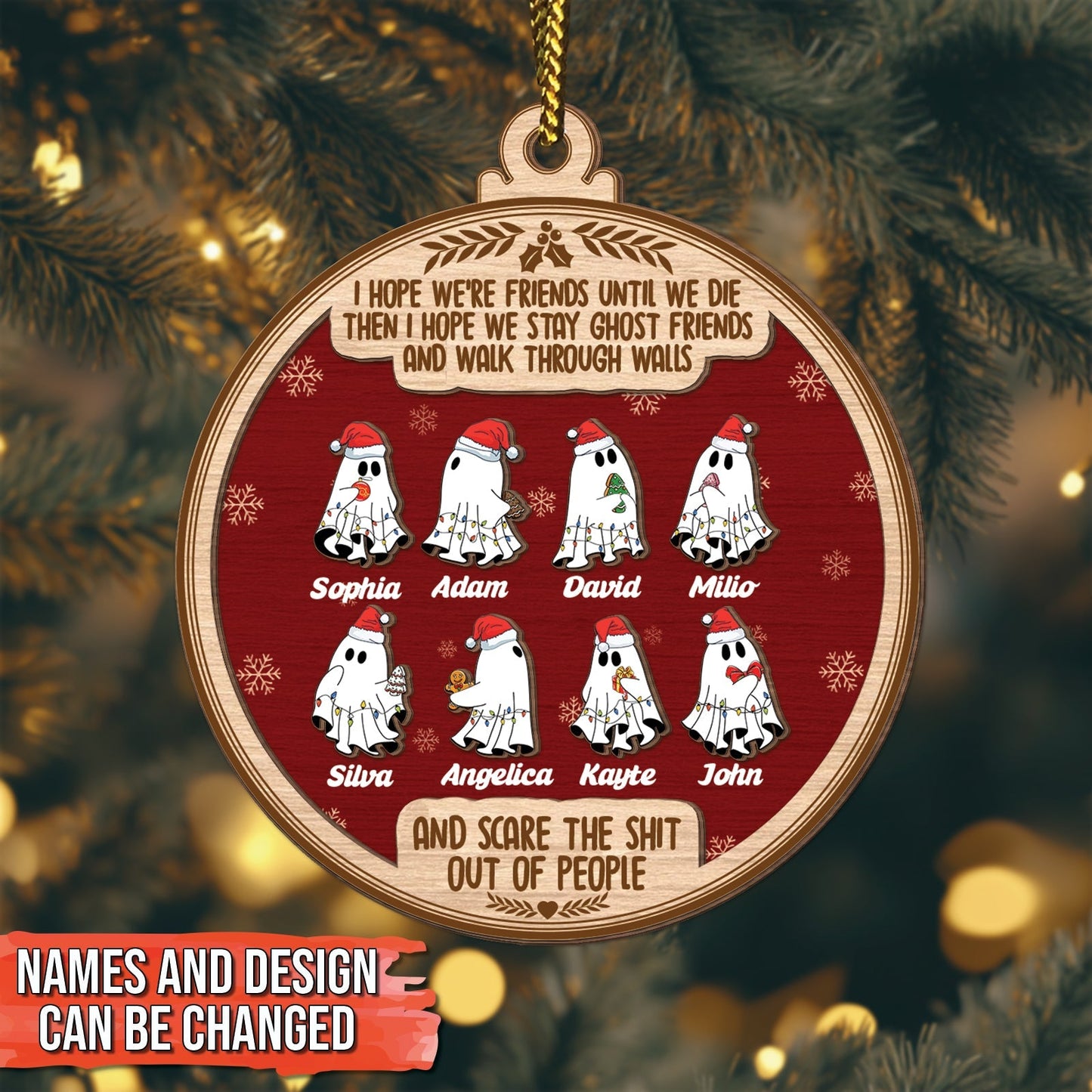 Personalized ghost friends Christmas ornament by 365Gifty with custom names on cute ghost characters and festive red background