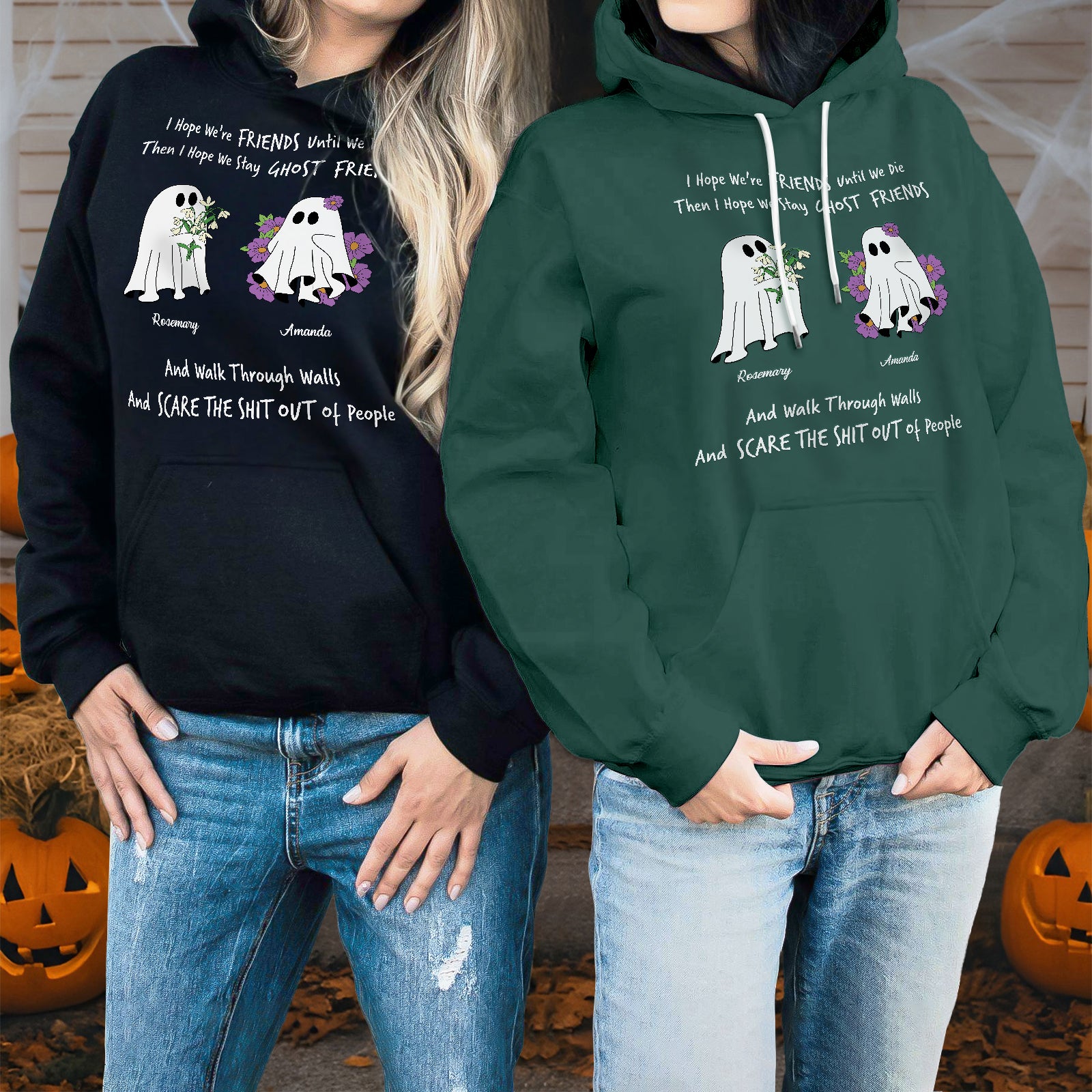 365Gifty personalized ghost friends shirt in black and green hoodies with custom ghost designs and names