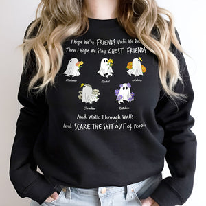 Black personalized ghost friends shirt with cute ghost illustrations and custom names on front