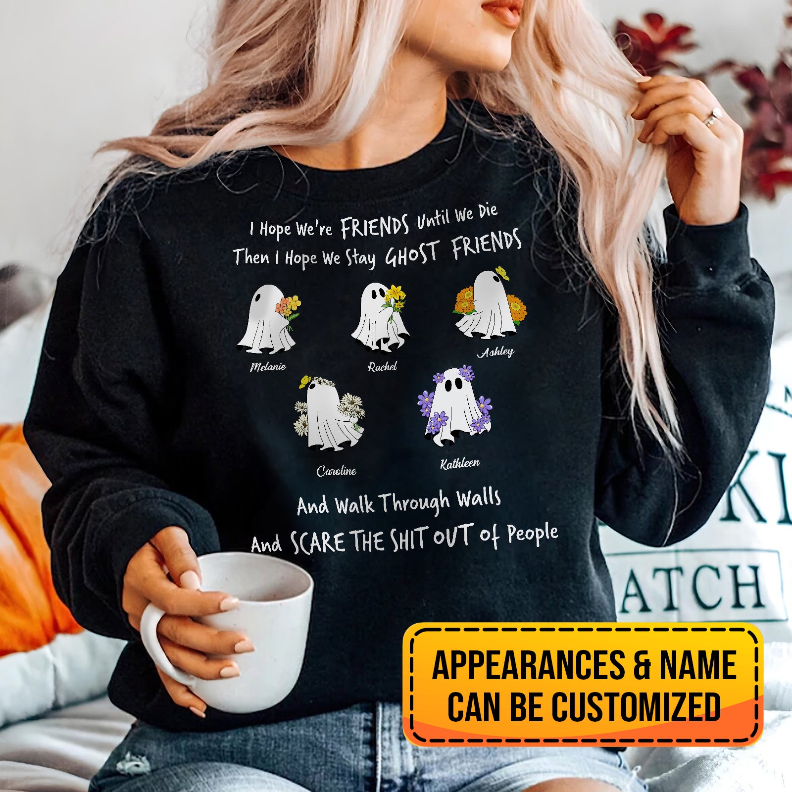 Black personalized ghost friends shirt with customizable ghost characters and names on front