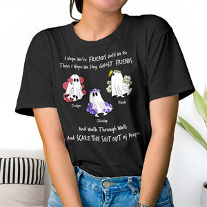 Black personalized ghost friends shirt with three cute ghost characters and friendship quote