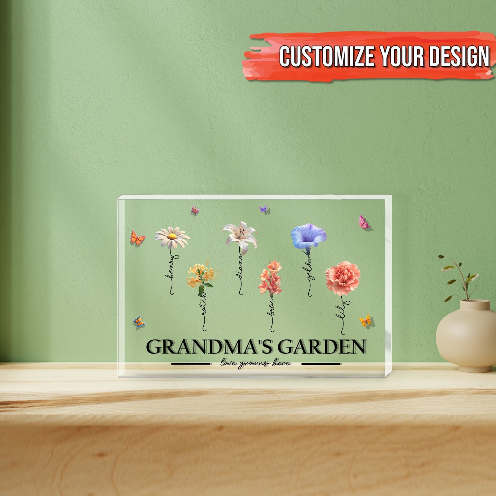 Personalized gift for mom featuring a floral design with the text Grandma's Garden on a decorative display