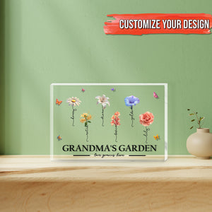 Personalized gift for mom featuring a floral design with the text Grandma's Garden on a decorative display