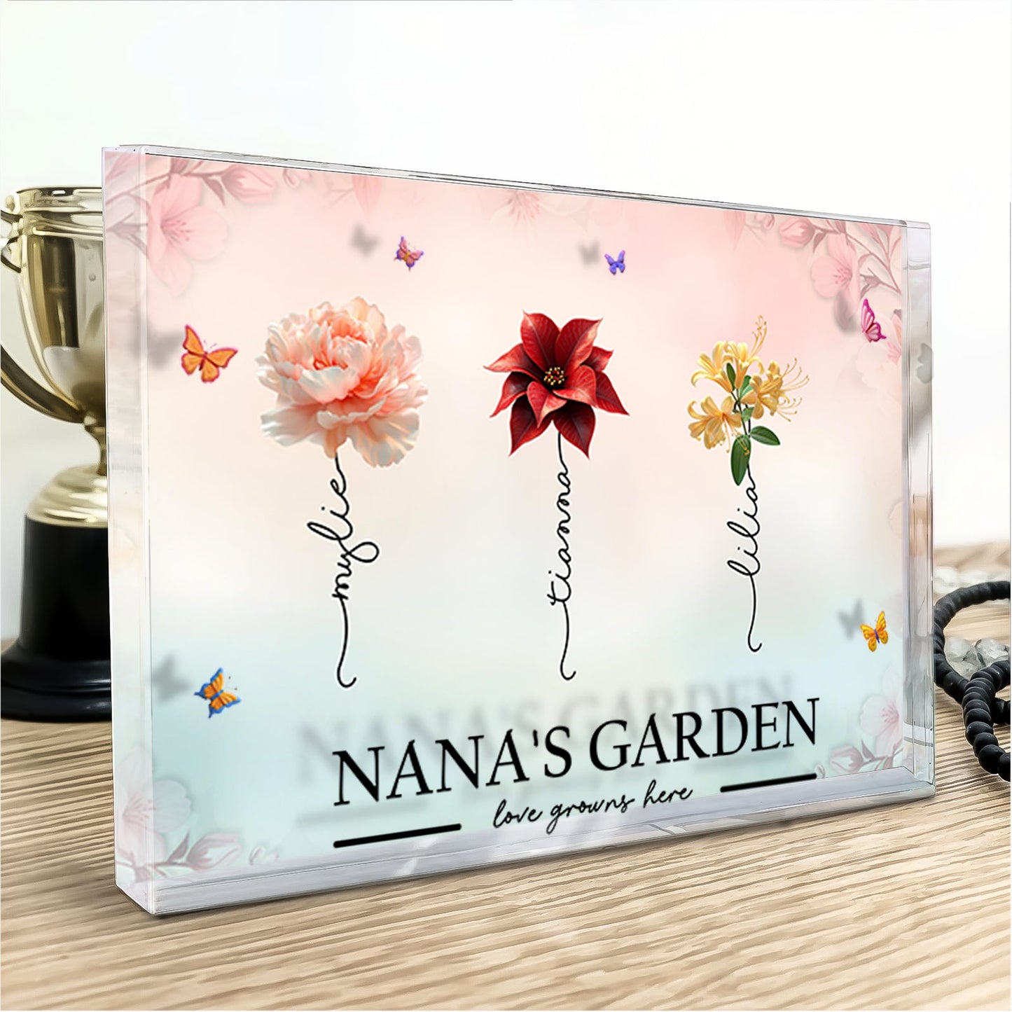 Personalized gift for mom featuring a floral design with names in a decorative plaque