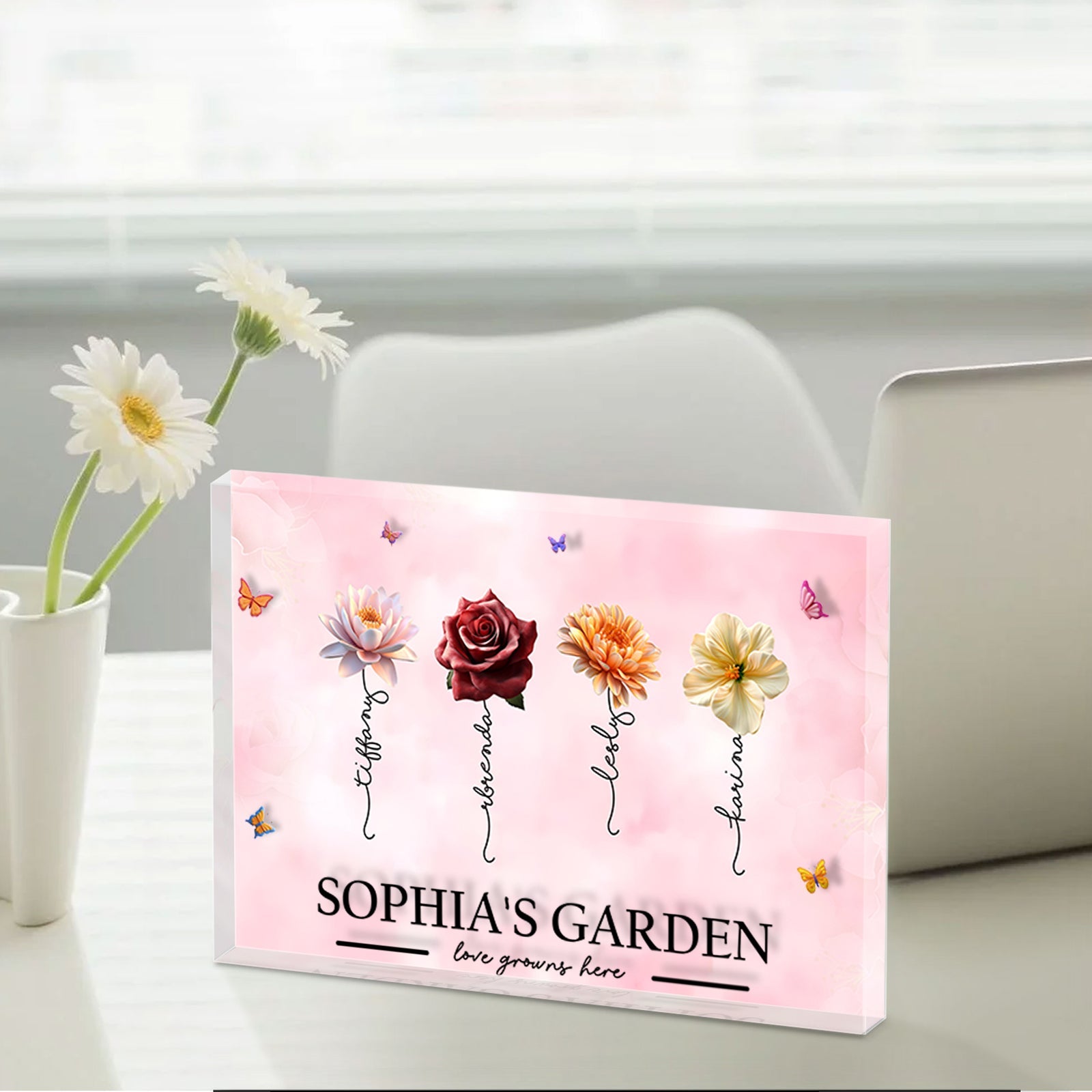 Personalized gift for mom featuring a floral design with the name Sophia's Garden and custom message areas