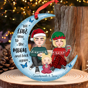 Personalized grandma and grandkid ornament with cartoon characters and heartfelt message on a crescent moon