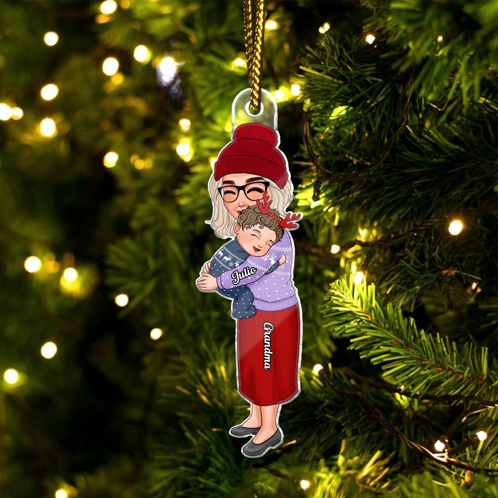 Personalized grandma and grandkid ornament featuring a loving embrace with custom names on a festive tree background