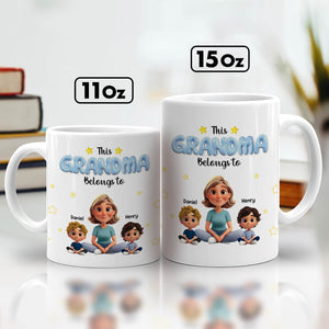 Personalized grandma mug featuring a design with children and the phrase This Grandma Belongs To