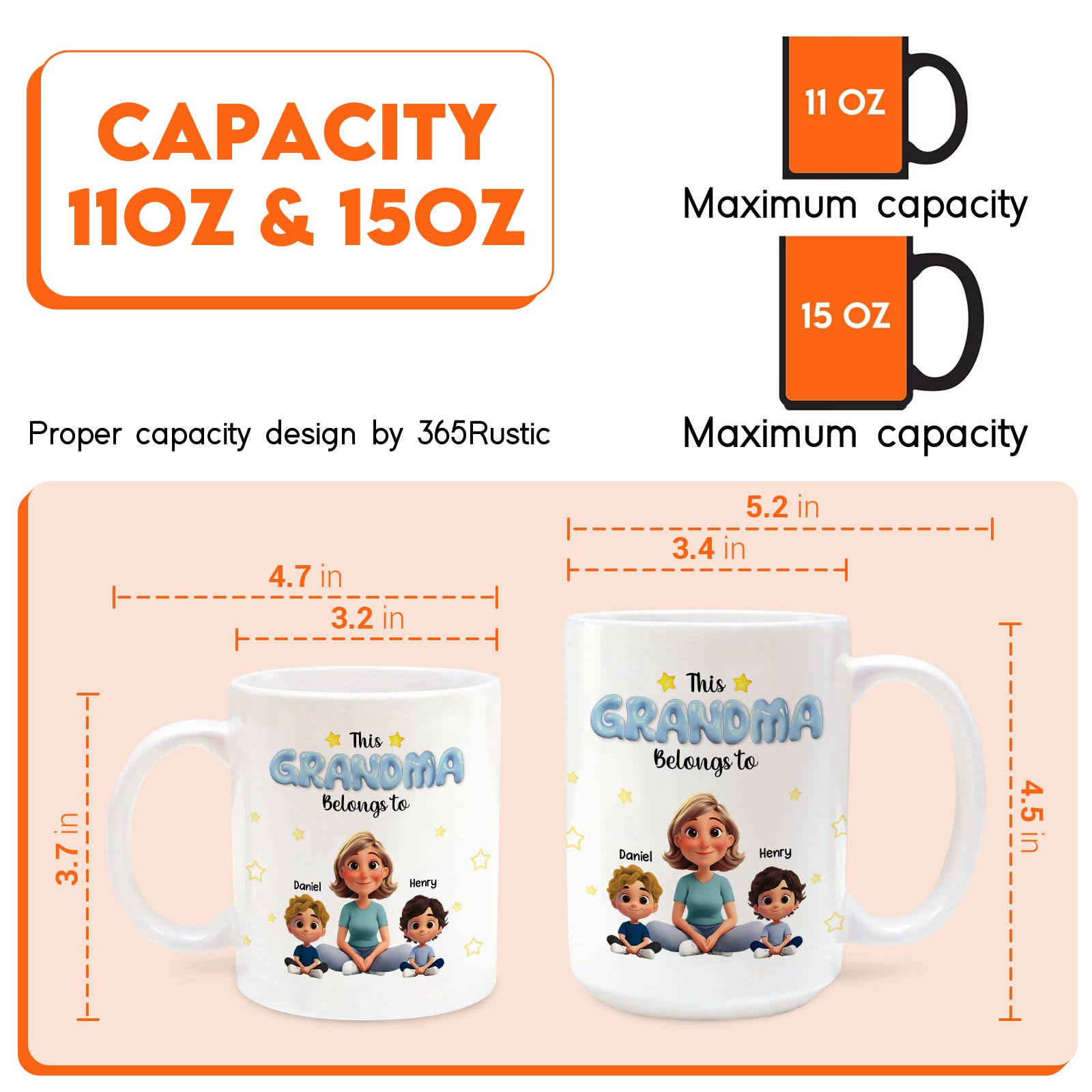 Personalized grandma mug featuring a cheerful grandma with three kids and a capacity of 11oz and 15oz