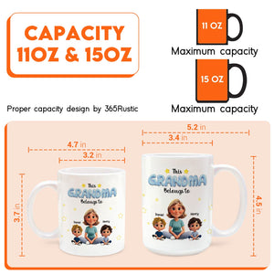 Personalized grandma mug featuring a cheerful grandma with three kids and a capacity of 11oz and 15oz