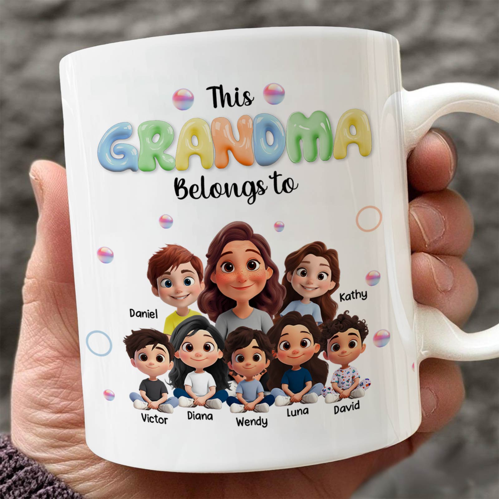 Personalized grandma mug featuring cartoon characters with names for a unique gift