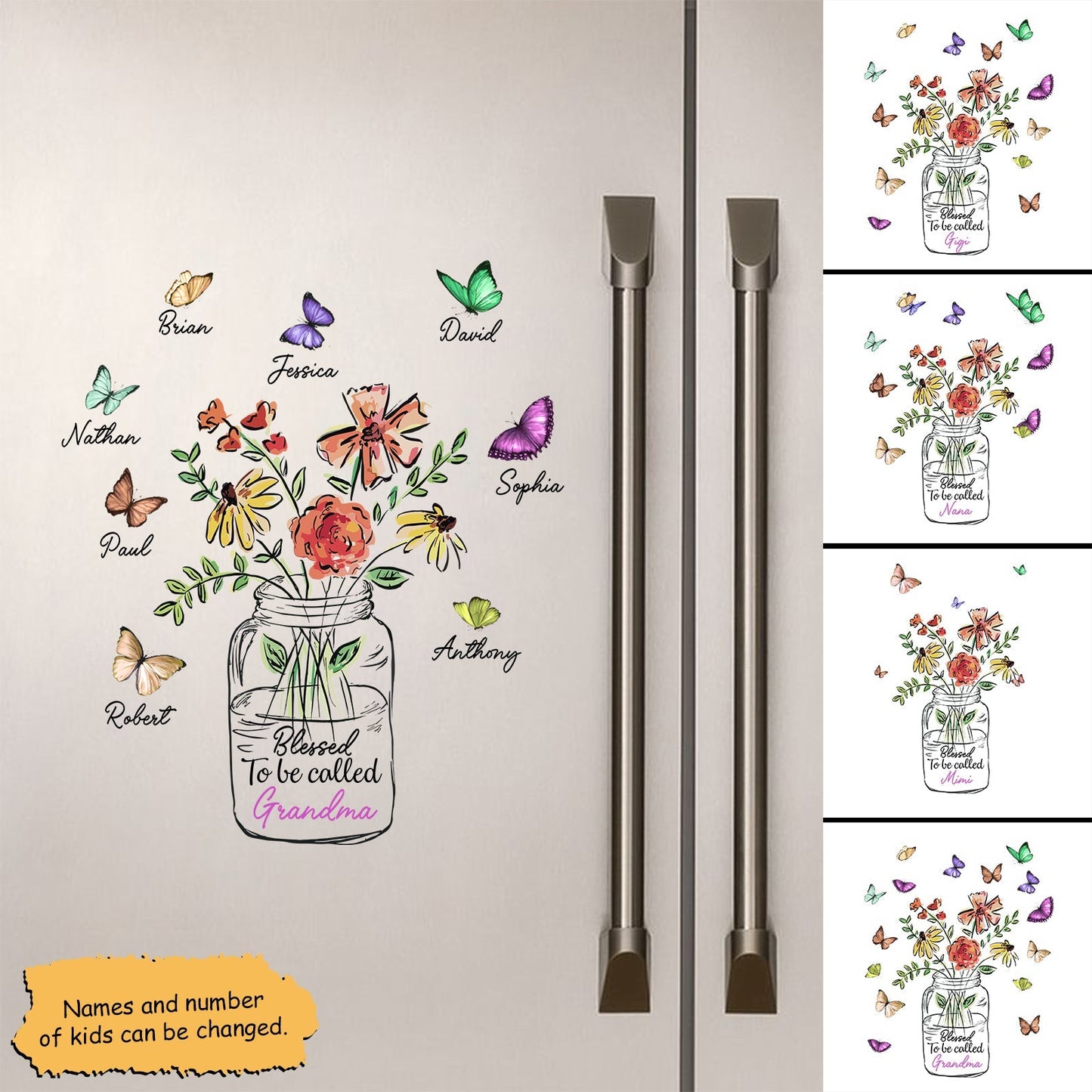 Personalized grandma sticker featuring a jar of flowers with customizable names and butterflies