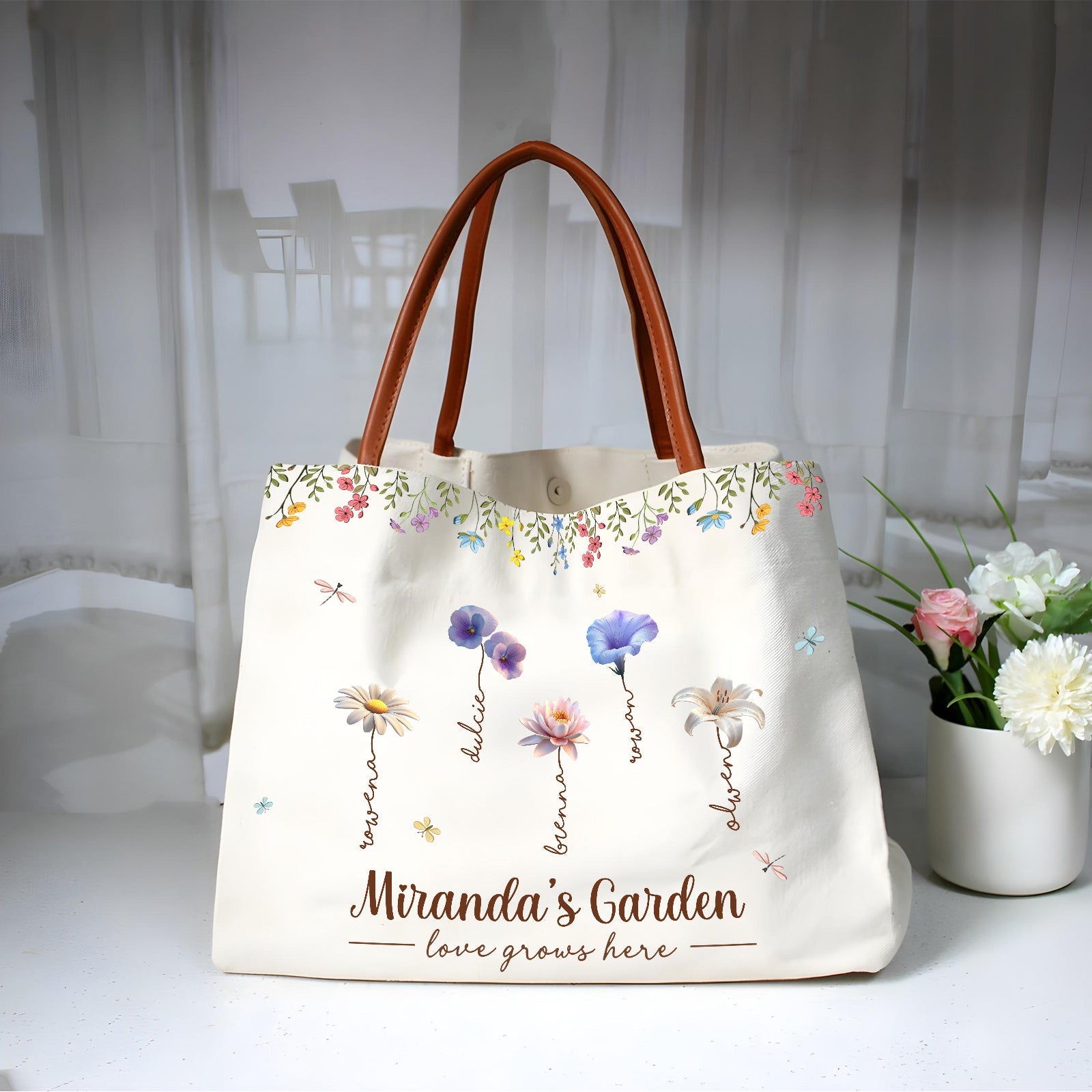 Personalized grandma tote bag featuring floral design and custom name for special gifts