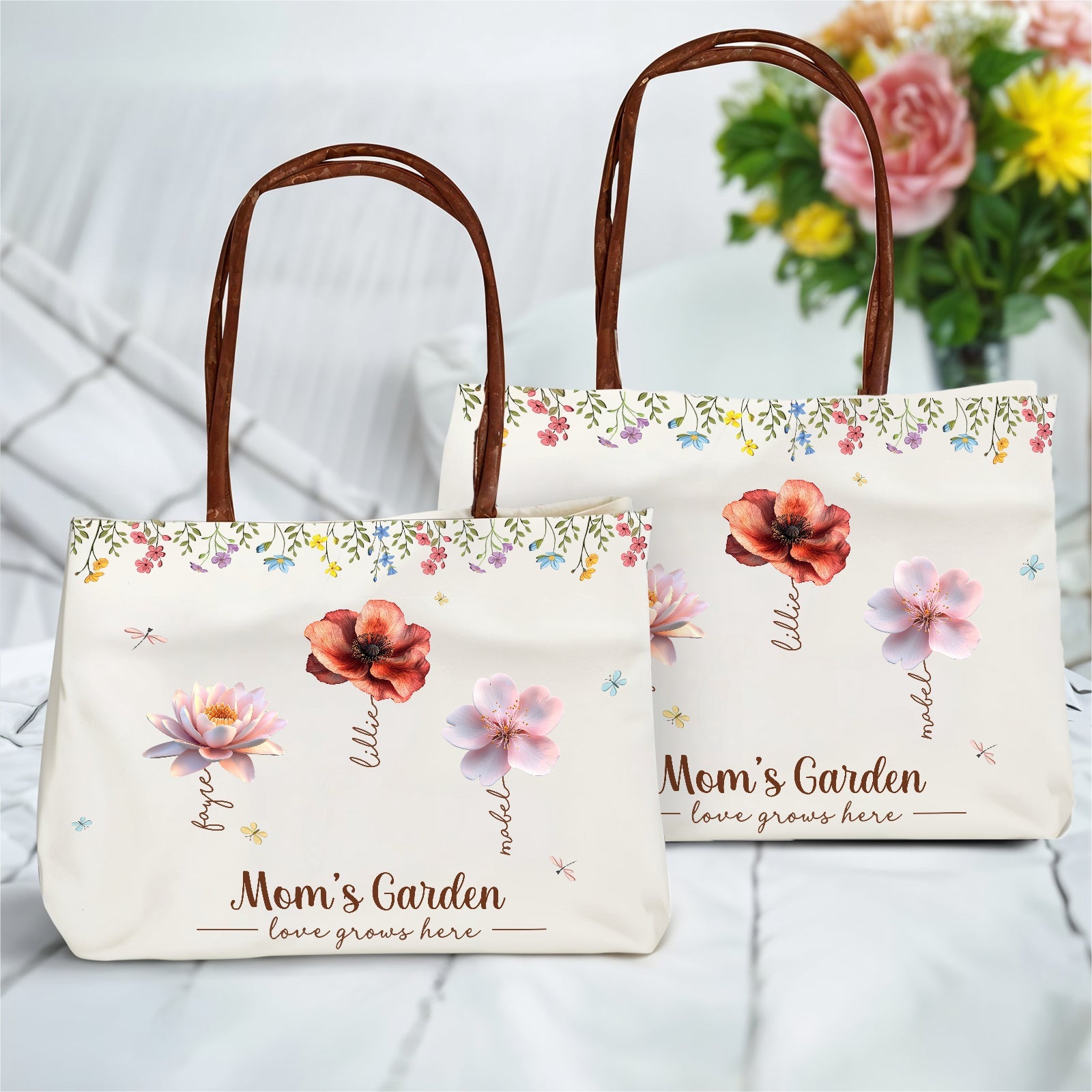 Personalized grandma tote bag with floral design and the text Mom's Garden for special occasions