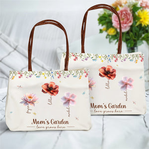 Personalized grandma tote bag with floral design and the text Mom's Garden for special occasions