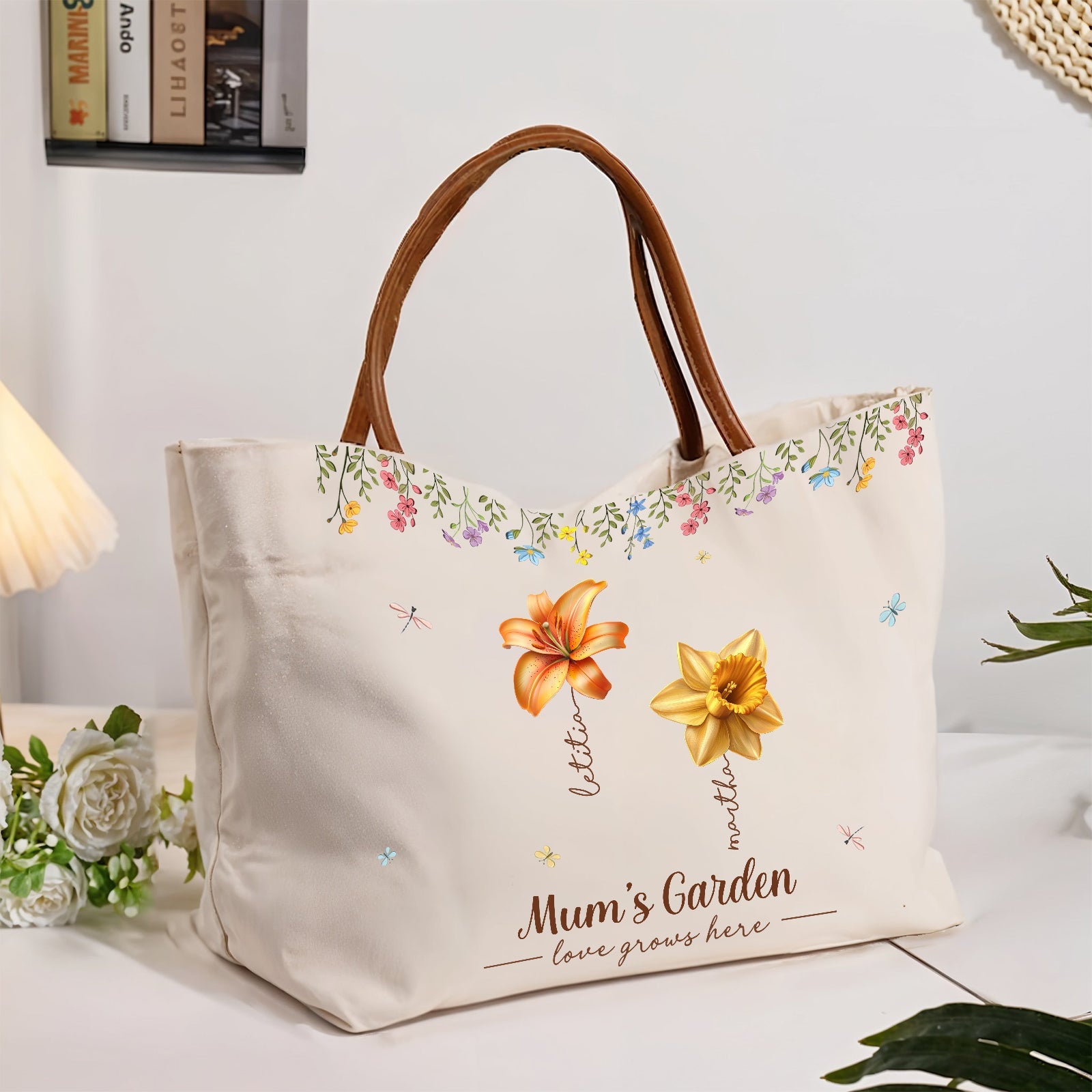Personalized grandma tote bag with floral design and 'Mum's Garden' text for stylish carrying
