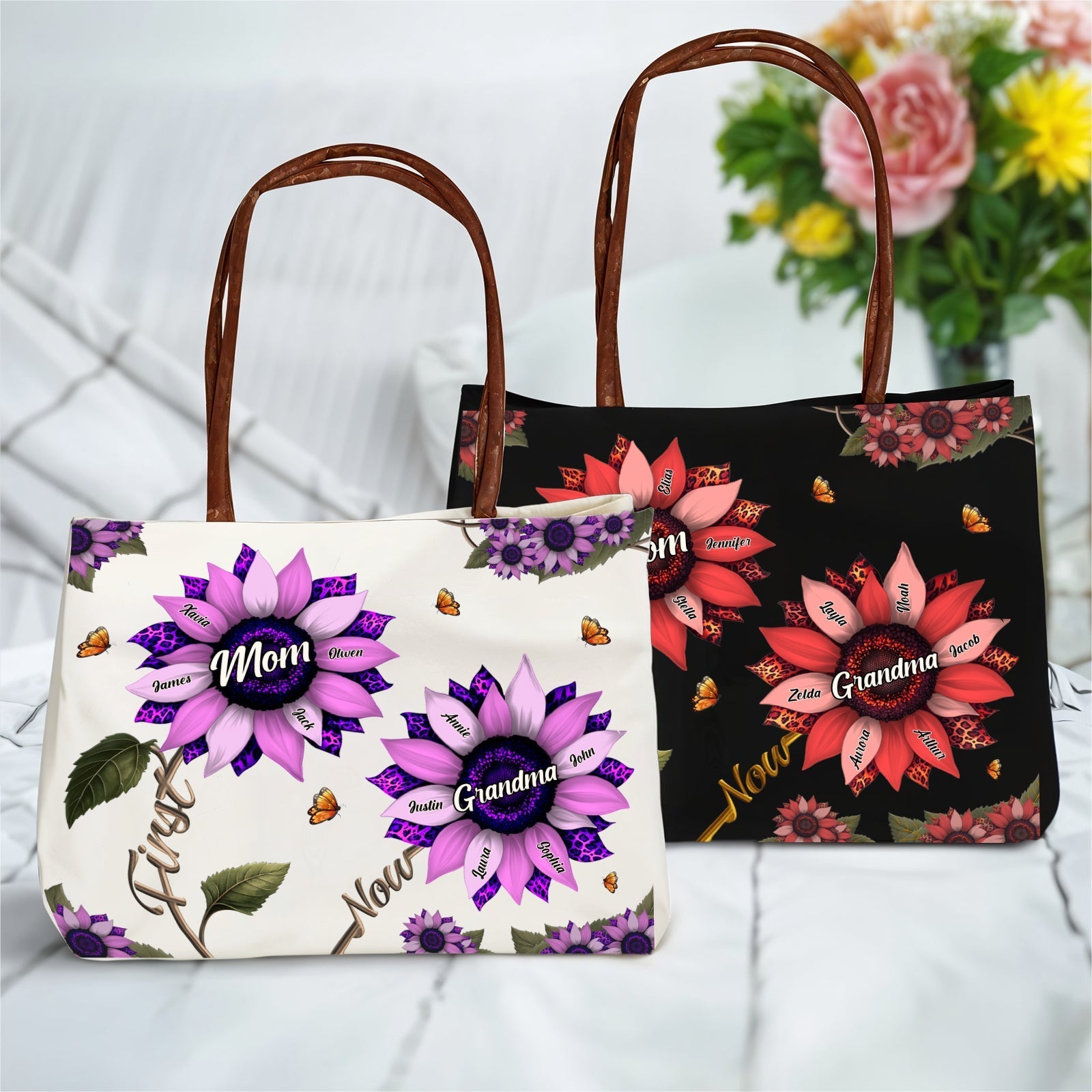 Personalized grandma tote bag set featuring floral designs and customizable names in vibrant colors