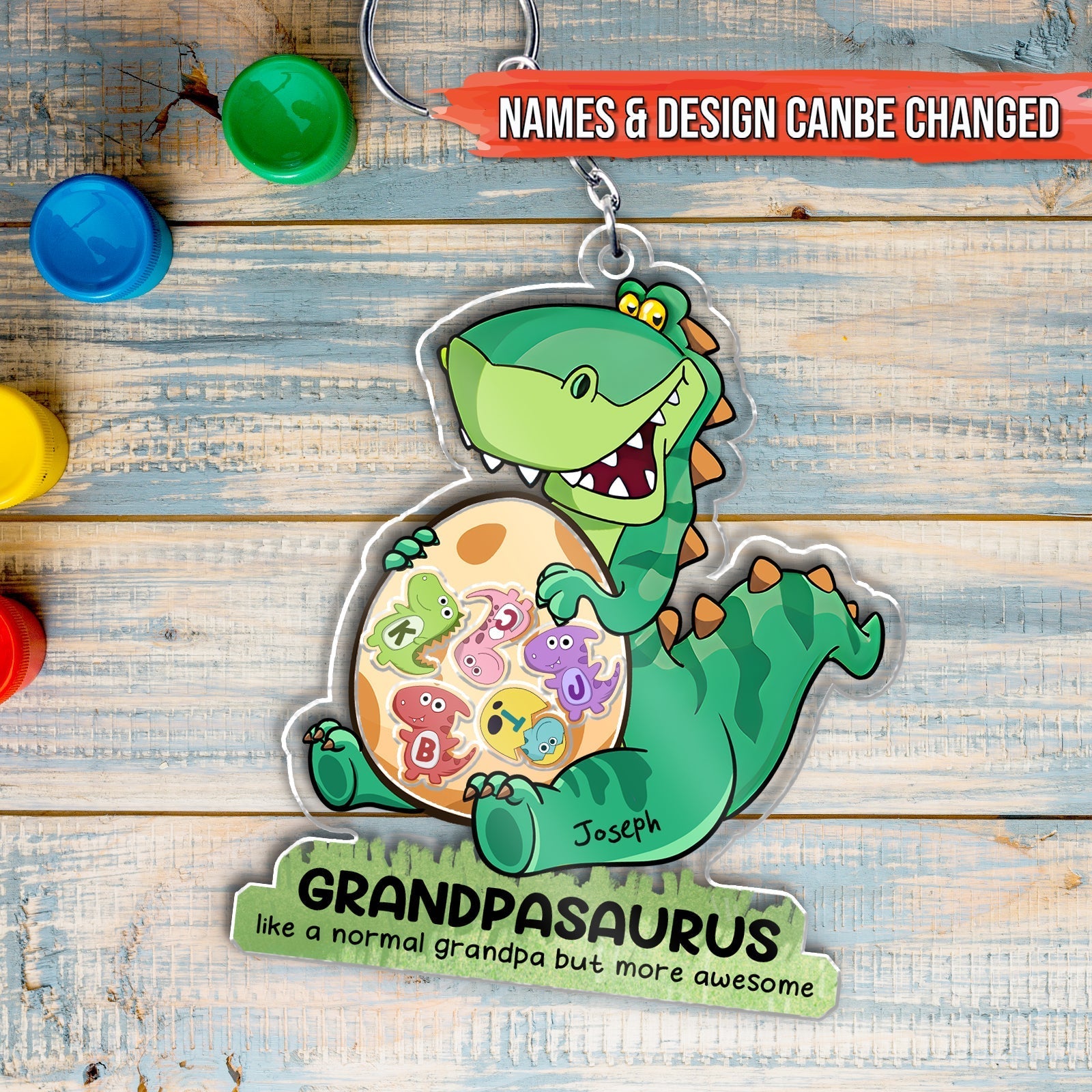 Personalized grandpa keychain featuring a dinosaur design with customizable name and fun message