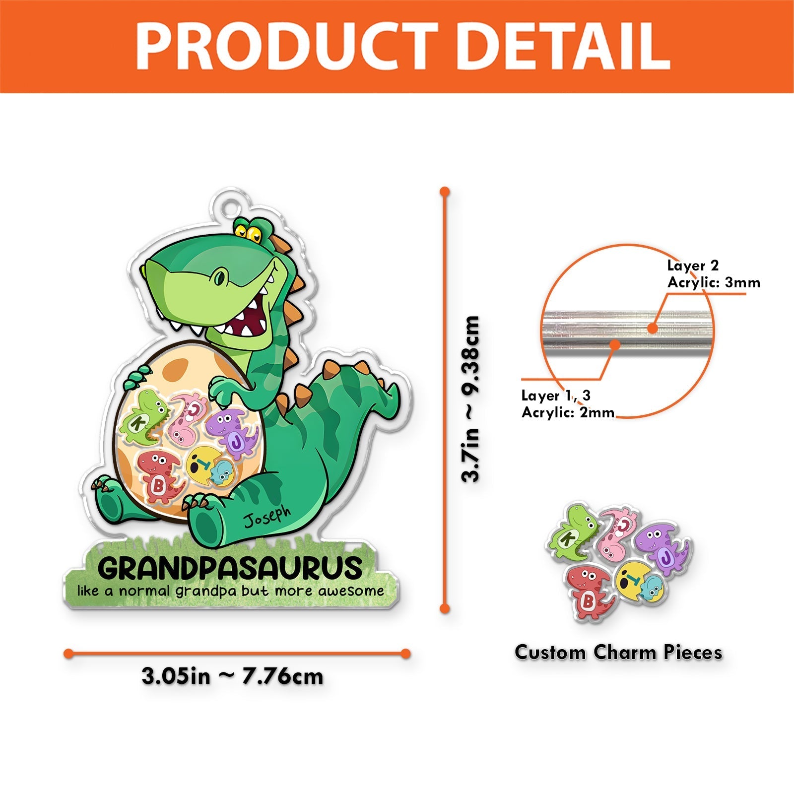 Personalized grandpa keychain featuring a dinosaur design and custom charm pieces for a unique gift