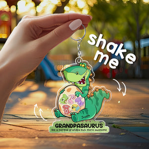 Personalized grandpa keychain featuring a fun dinosaur design with the name Joseph