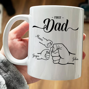 Personalized grandpa mug featuring the names Manie, Jayce, and John with a first dad design