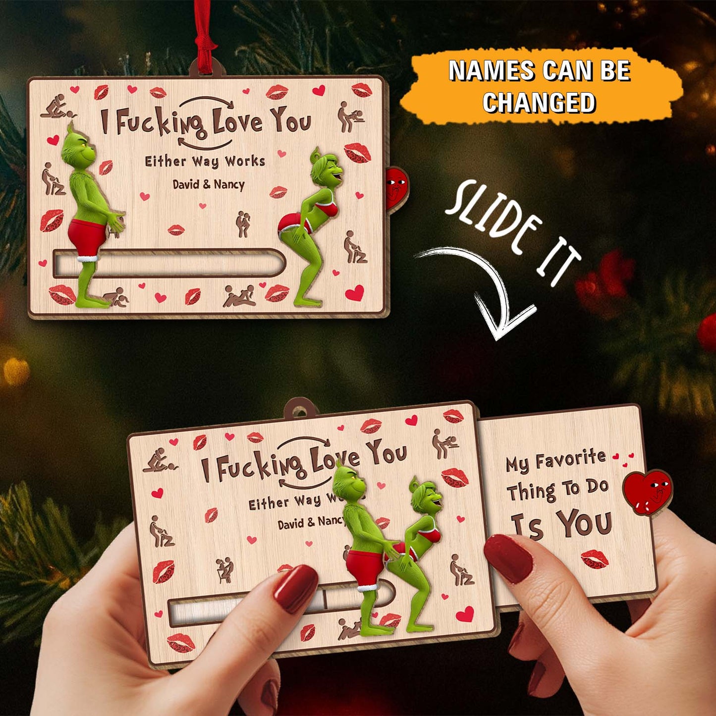 Personalized Grinch Christmas card ornament featuring customizable names and fun holiday designs