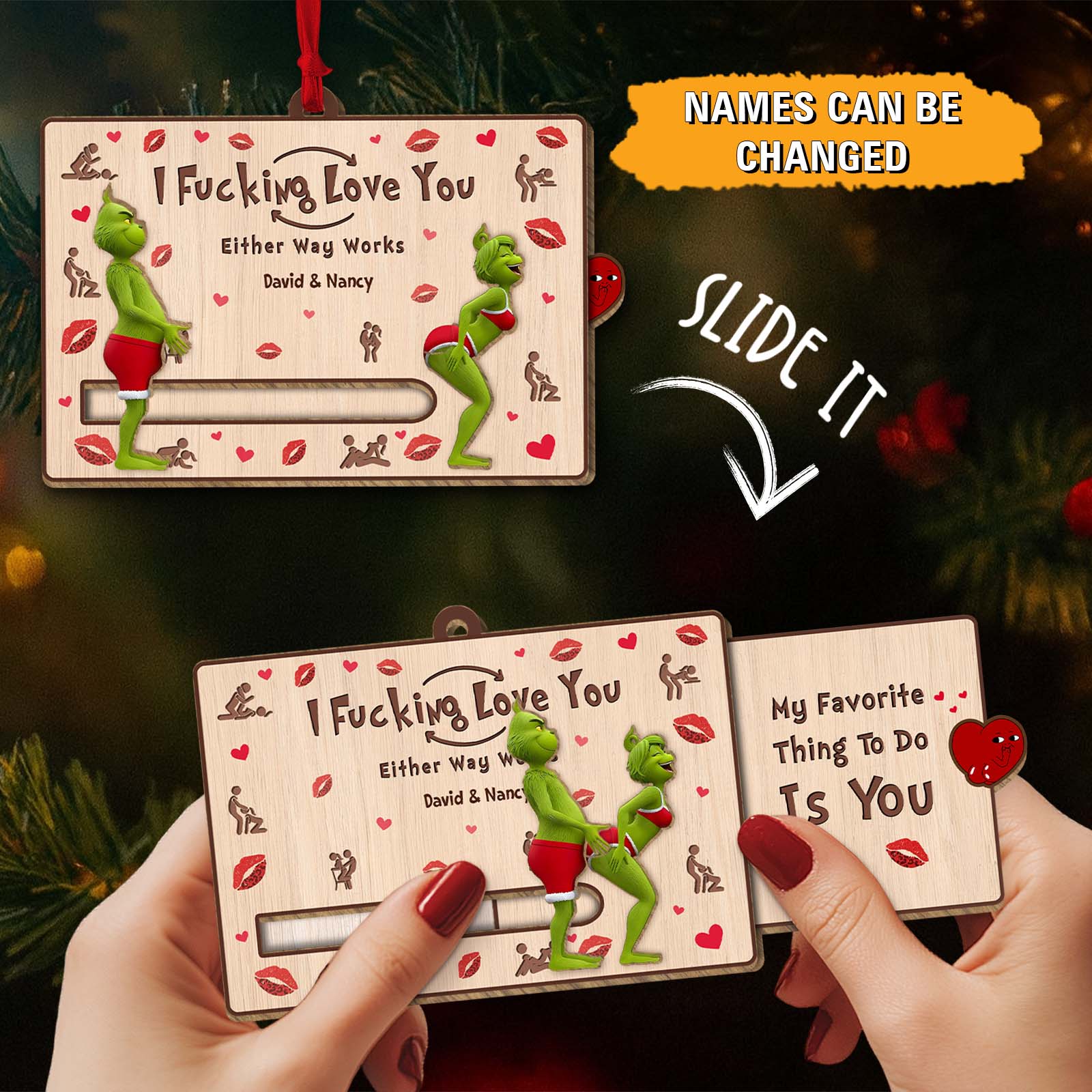 Personalized Grinch Christmas card ornament featuring customizable names and fun holiday designs