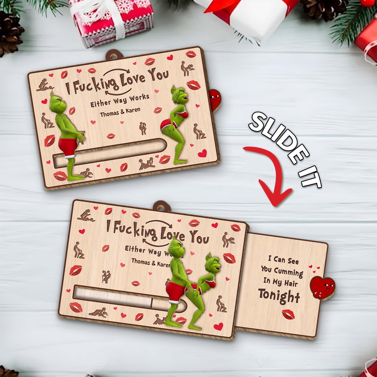 Personalized Grinch Christmas card featuring interactive sliding design for a fun surprise