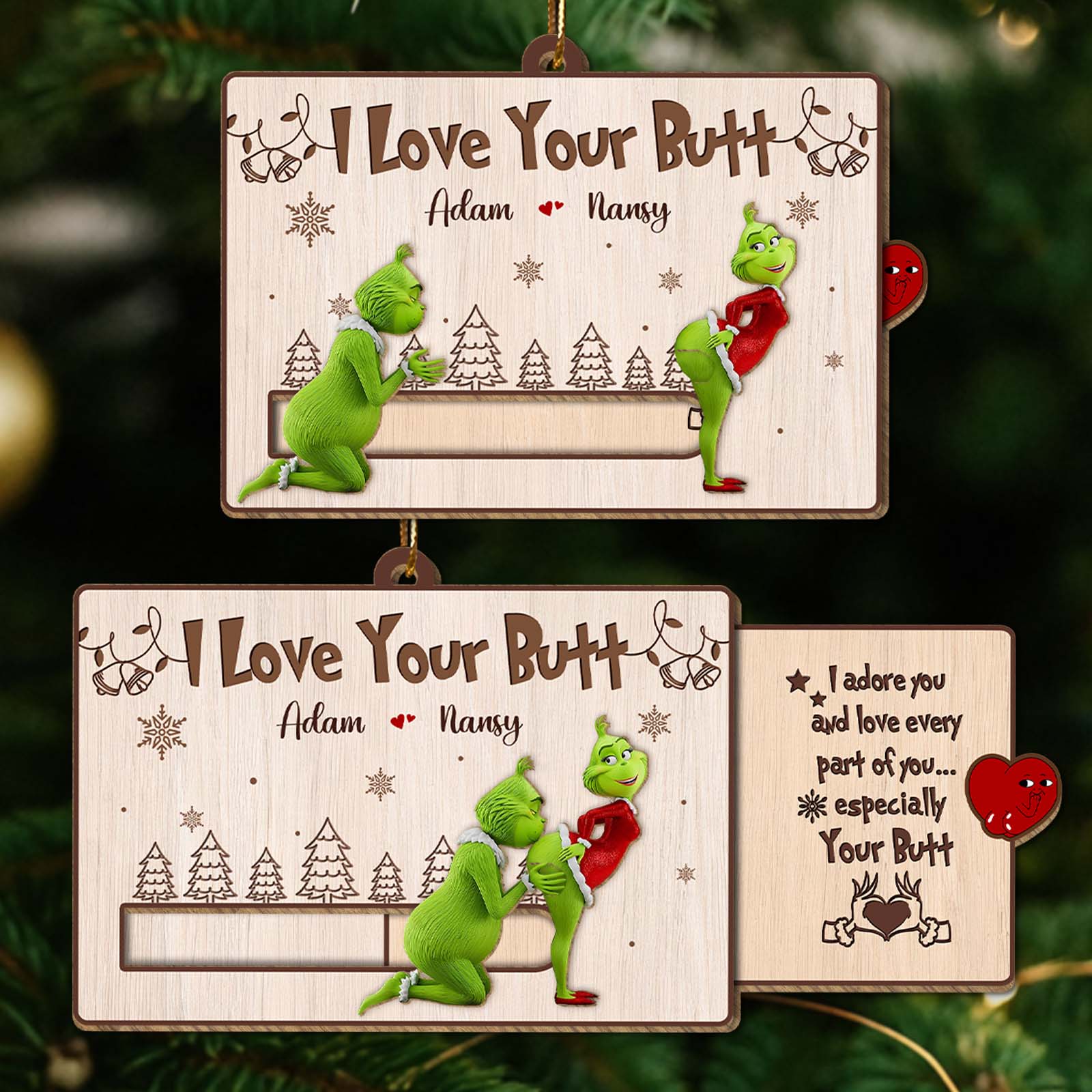 Personalized Grinch Christmas card featuring playful characters and customizable names for festive cheer