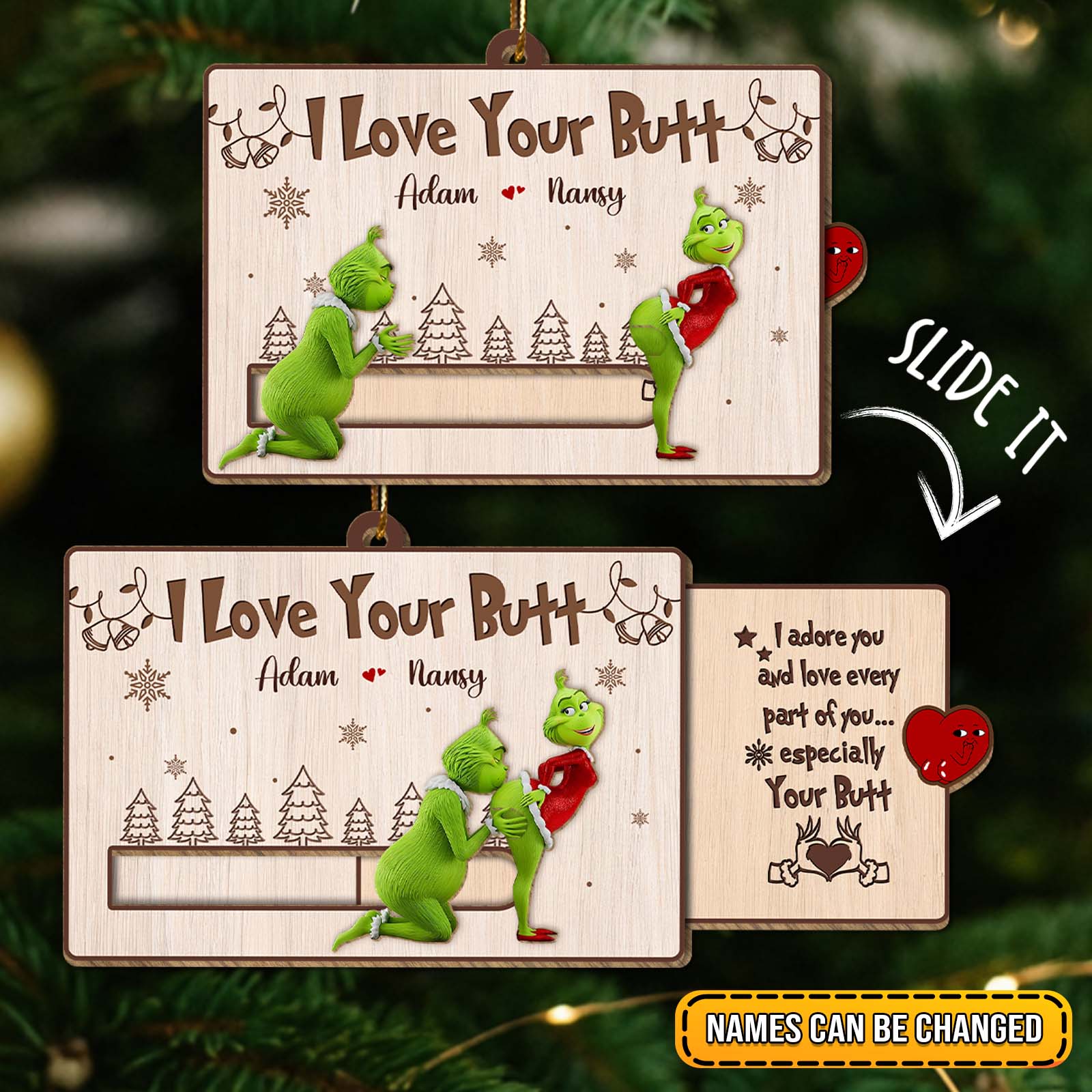 Personalized Grinch Christmas card featuring the Grinch and customizable names for a fun holiday gift