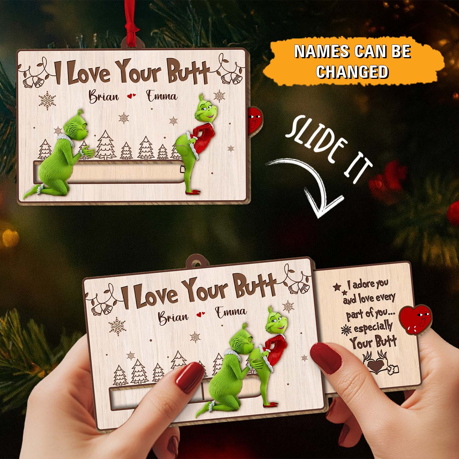 Personalized Grinch Christmas card featuring customizable names and playful design for holiday cheer