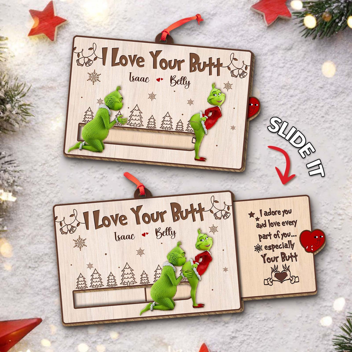 Personalized Grinch Christmas card featuring humorous design with sliding mechanism for fun message