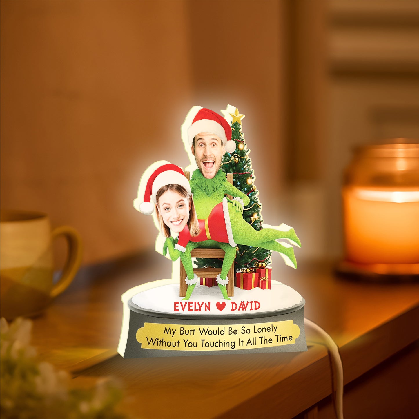 Personalized Grinch Christmas gift featuring custom names and fun holiday decor with an Elf figure