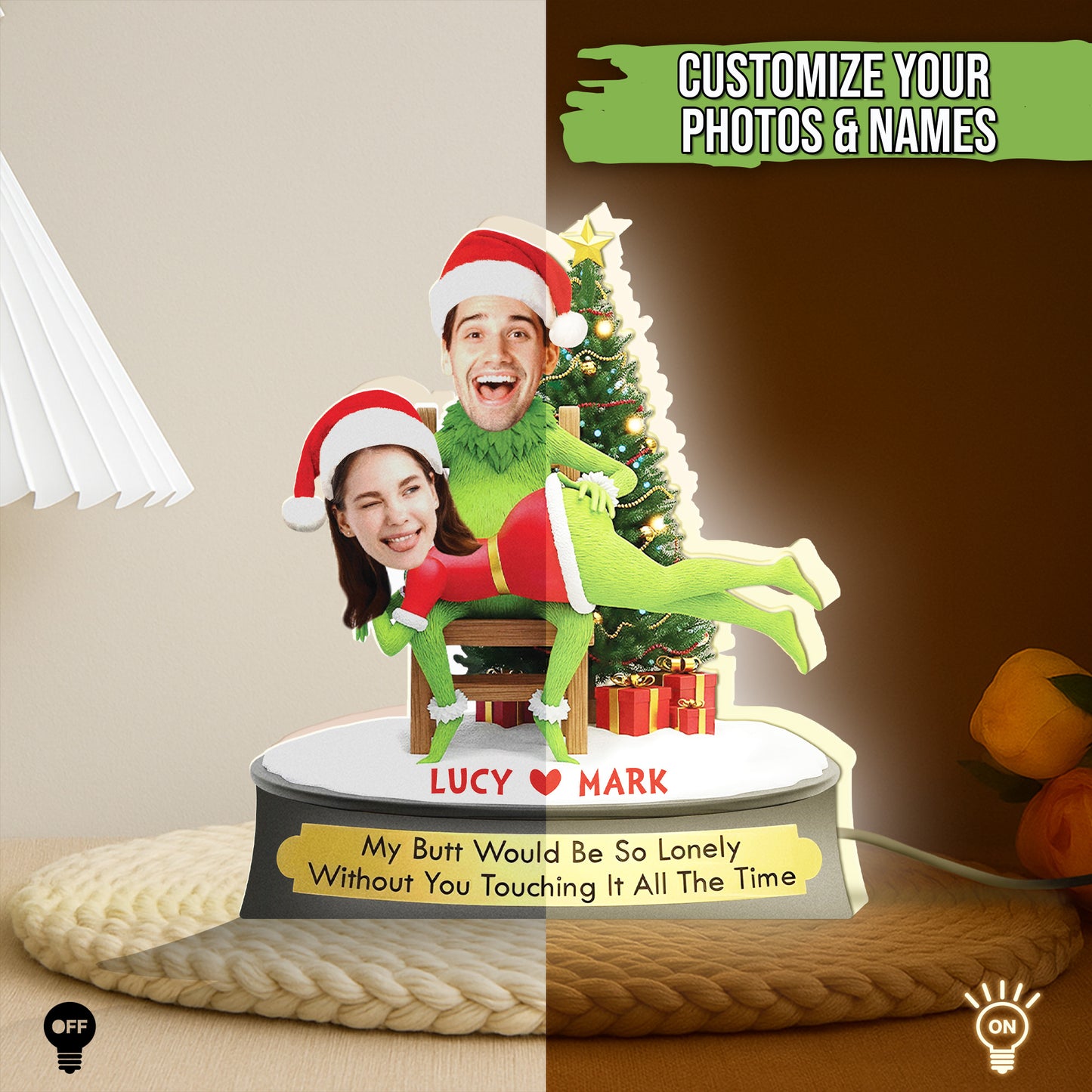 Personalized Grinch Christmas gift featuring customizable photo lamp with festive design