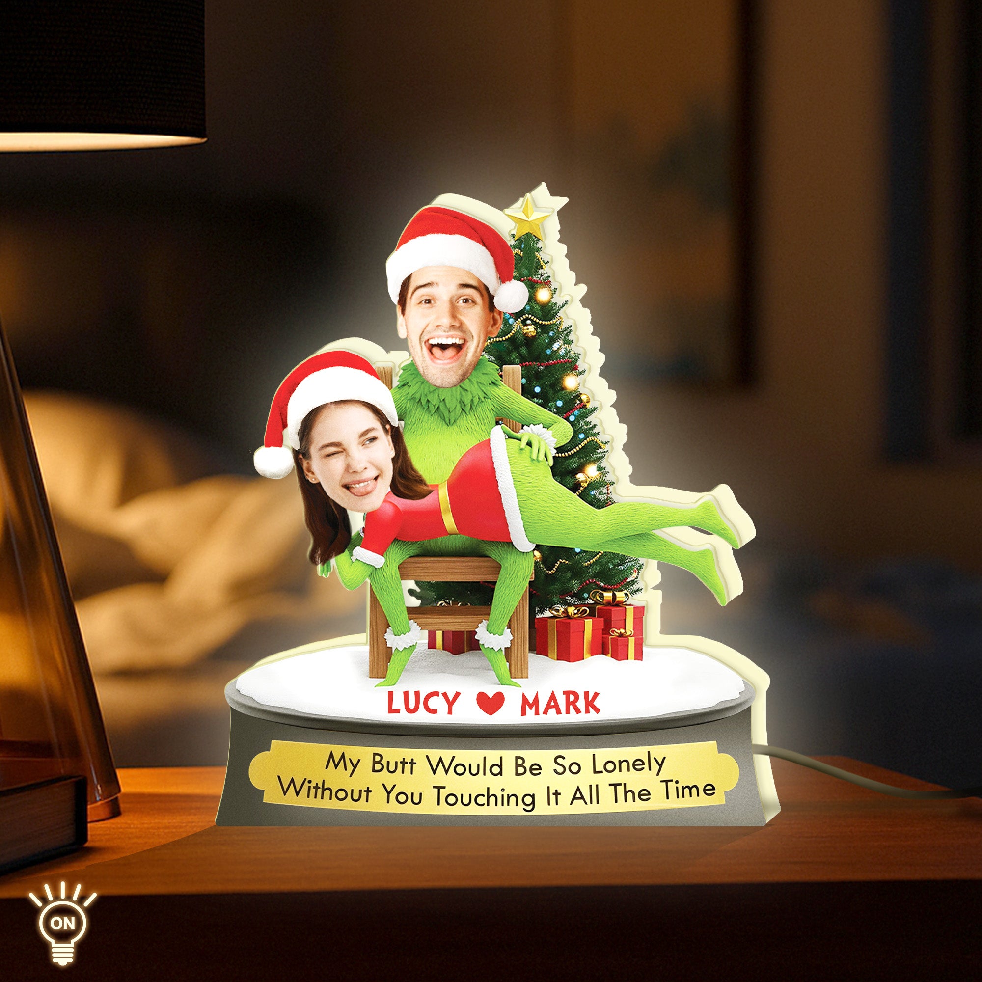 Personalized Grinch Christmas gift featuring custom couple design with festive decorations